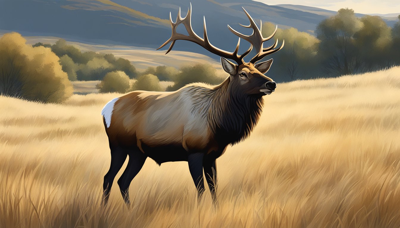 A majestic elk stands in the open prairie at Heartland Elk Guest Ranch, surrounded by rolling hills and tall grasses