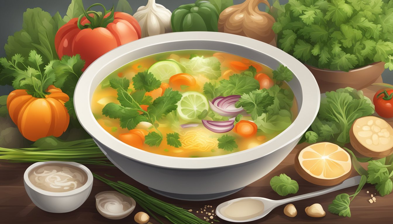 A steaming bowl of soup surrounded by fresh vegetables and herbs