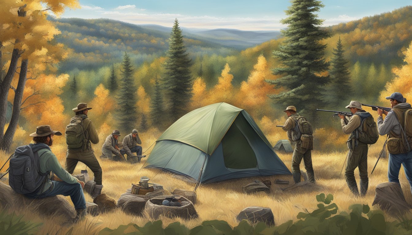 A group of hunters setting up camp in the Nebraska wilderness, surrounded by rolling hills and dense forests