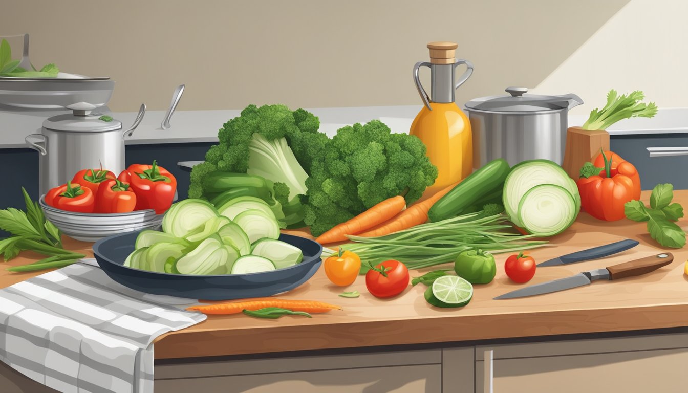 A kitchen counter with fresh vegetables, cutting board, knife, and cooking utensils