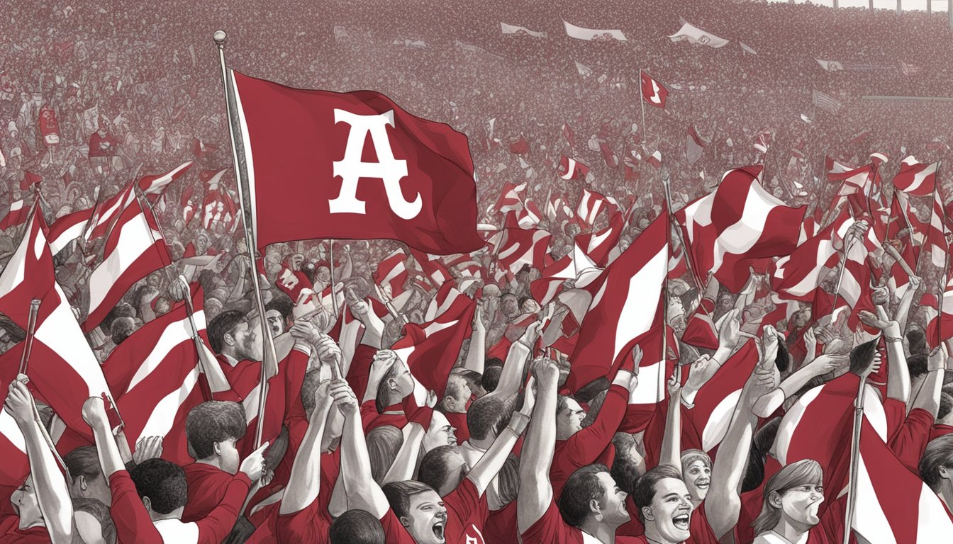 A crowd of cheering fans in crimson and white, waving flags and wearing Alabama gear at a football game