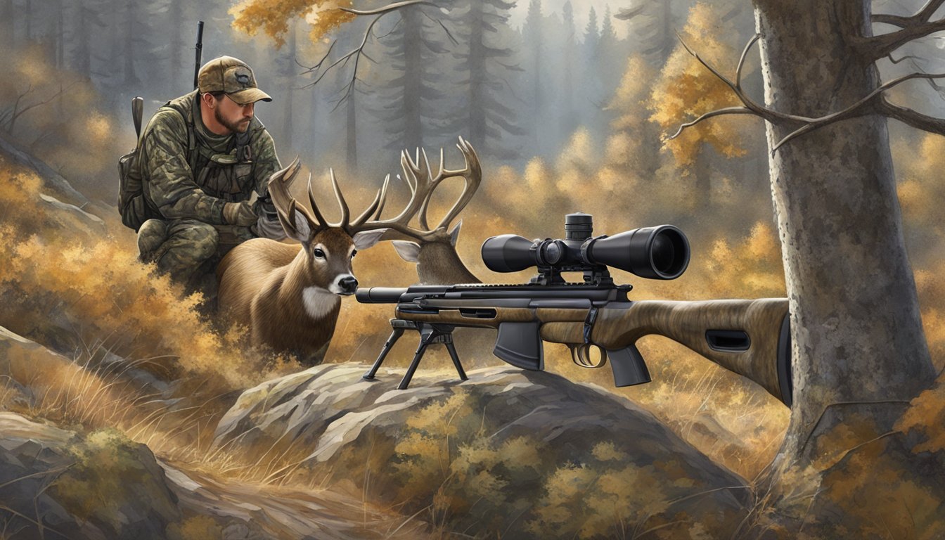 A hunter in camouflage aiming a rifle at a deer in the Nebraska wilderness