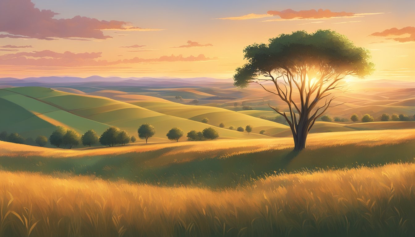 A vast, open prairie with rolling hills and scattered trees, bathed in the warm glow of the setting sun