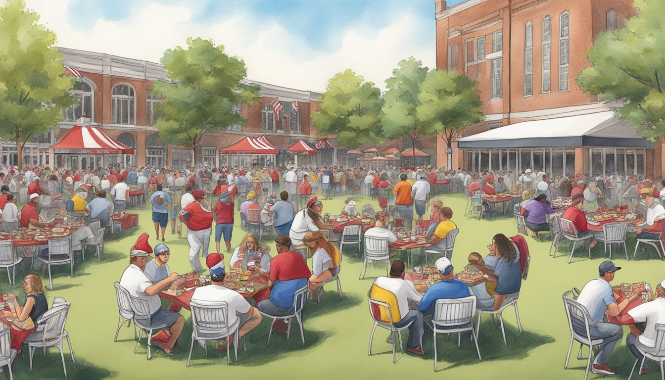 A festive scene at The Quad, with grills smoking and fans gathered for the Alabama game