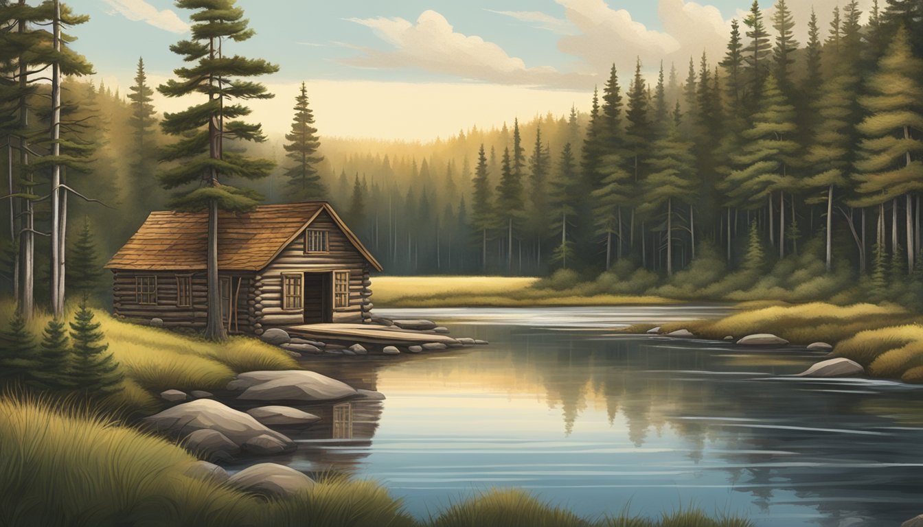 A serene forest clearing with a rustic hunting cabin, flanked by tall pine trees and a flowing river, surrounded by the natural beauty of the Maine wilderness