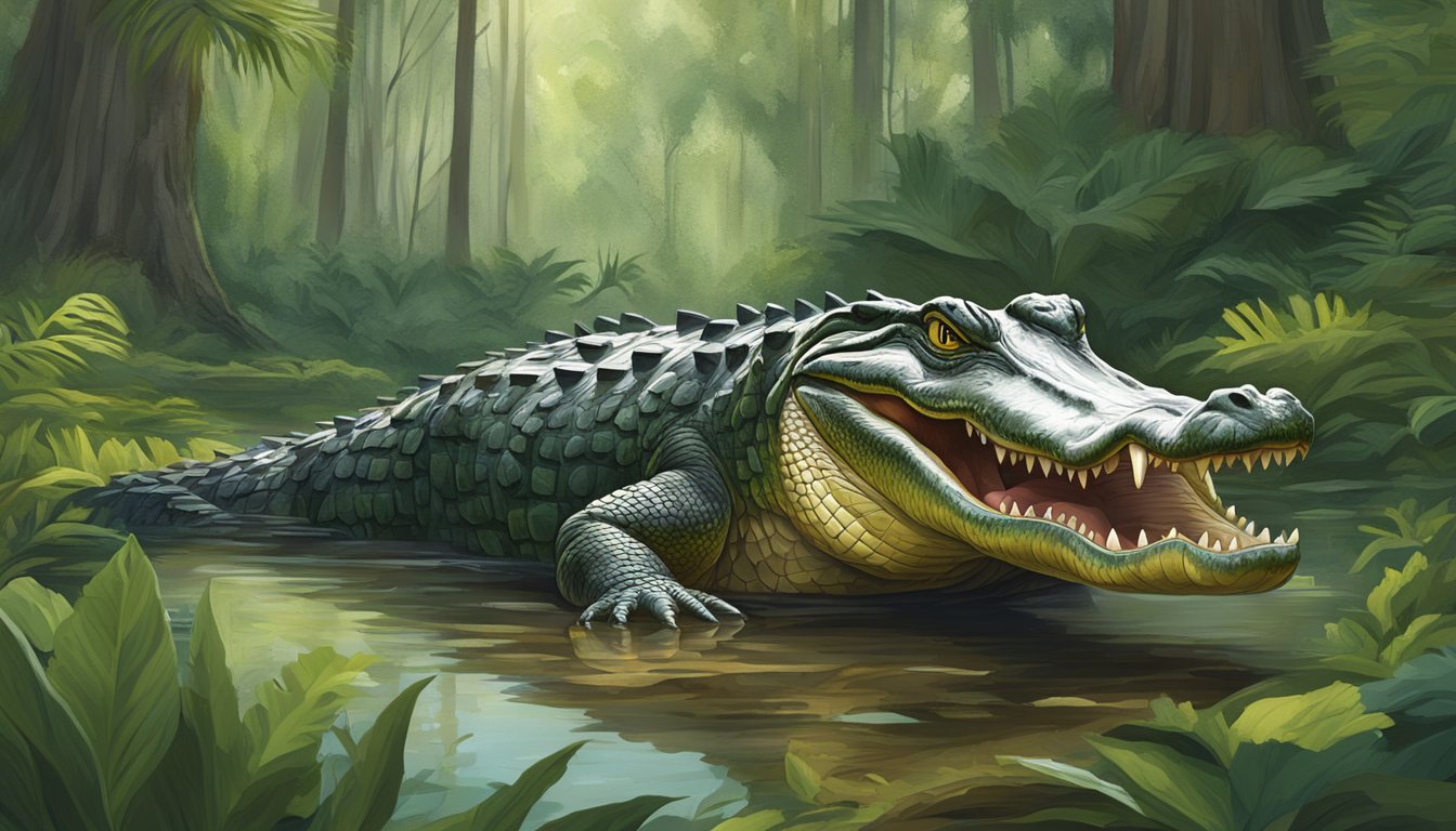 A large, fierce alligator emerges from the swamp in the Alabama wilderness, surrounded by lush greenery and tall trees