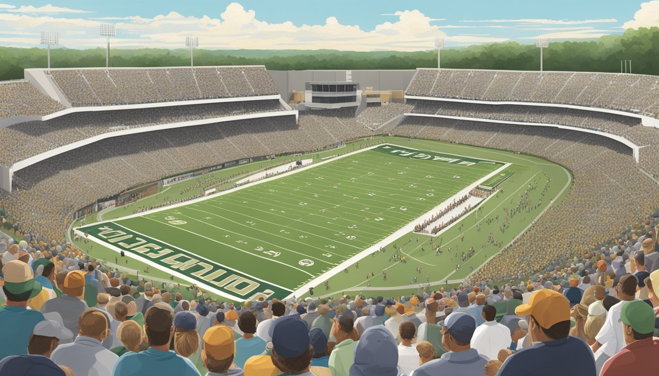 A packed stadium at the Legion Field Classic in Alabama, with players on the field and fans cheering in the stands