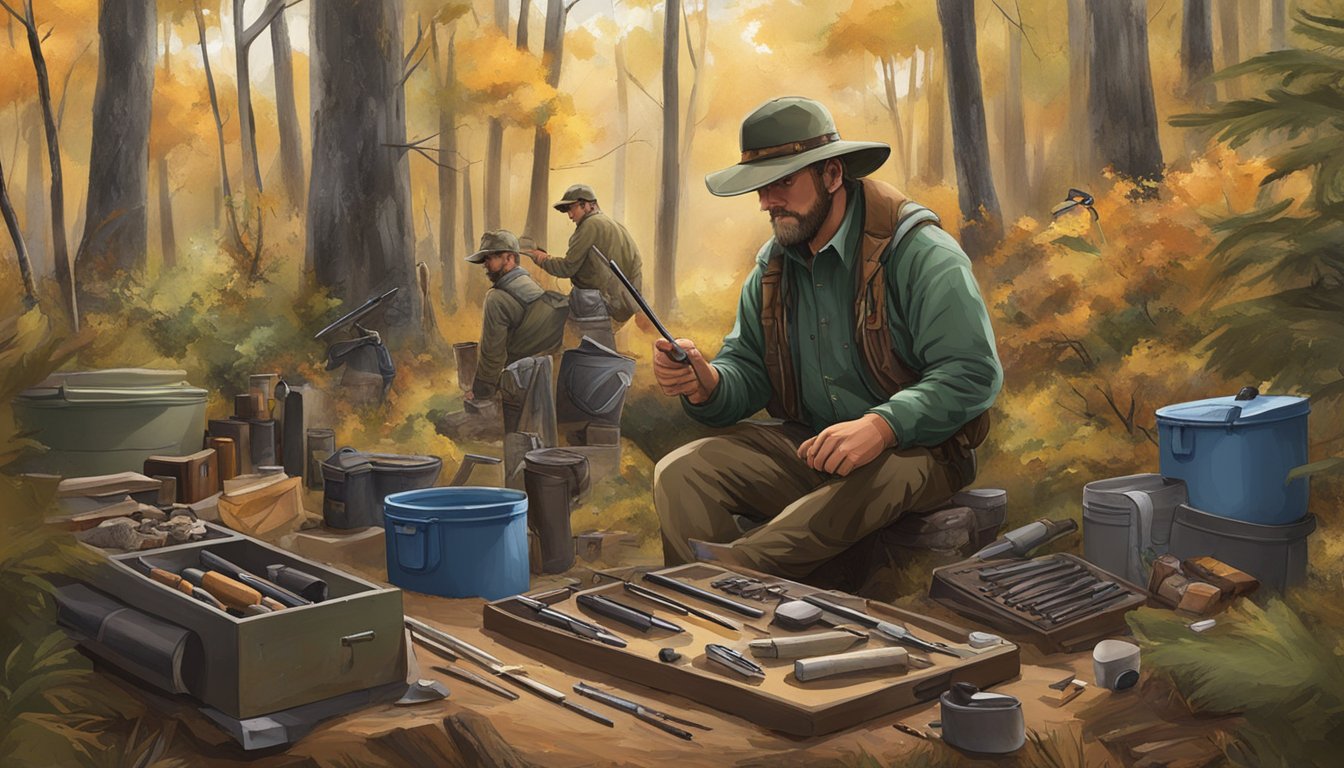 A hunter in Alabama processes game, surrounded by tools and equipment