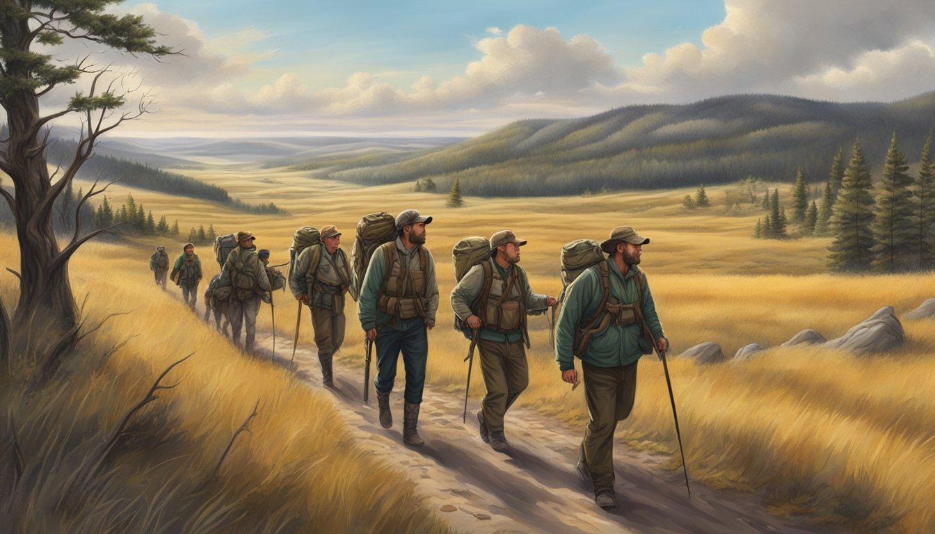 A group of hunters trek through the vast Nebraska landscape, surrounded by rolling hills and dense forests, with their hunting gear in hand