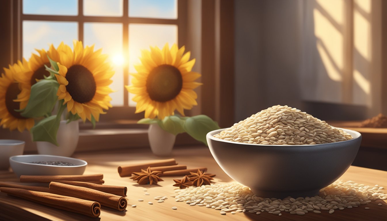 Sunflower seeds and cinnamon sit on a wooden table, surrounded by flour, yeast, and a mixing bowl. Sunlight streams through a nearby window, casting a warm glow over the ingredients