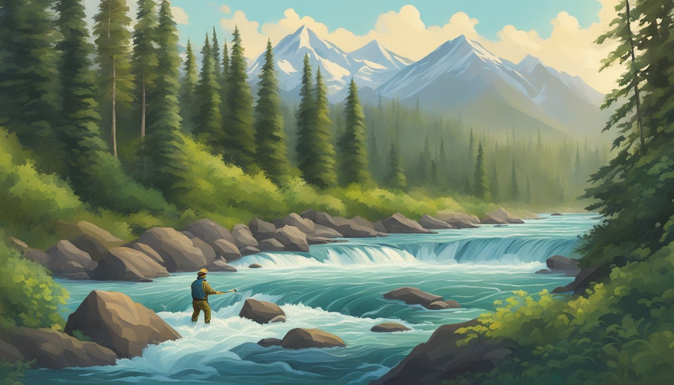 A fisherman reels in a large trout from the rushing waters of the Kenai River in Alaska, surrounded by lush greenery