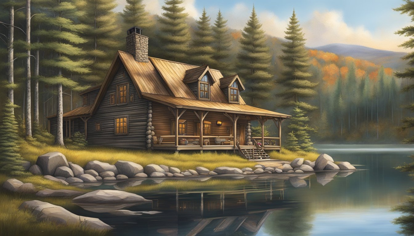 A rustic lodge nestled in the Maine wilderness, surrounded by dense forest and a tranquil lake, with hunting gear and trophies displayed