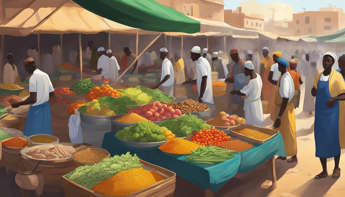 A bustling Senegalese market with colorful stalls selling fresh produce, spices, and traditional ingredients, while the aroma of sizzling meats and simmering stews fills the air