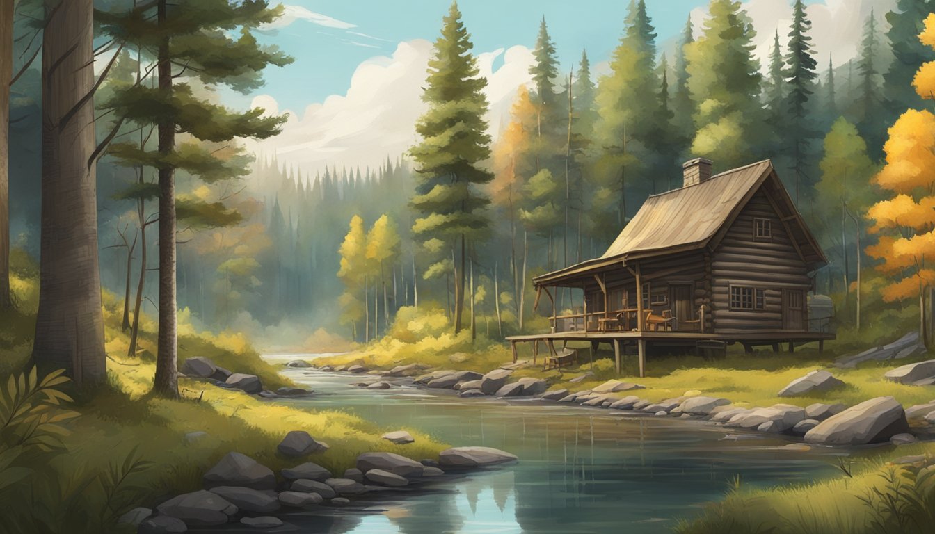 A dense forest with a clear stream, a rustic cabin, and hunting gear scattered around