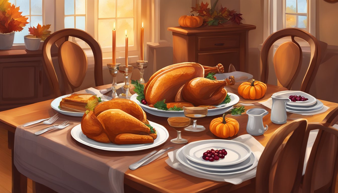 A cozy dining table set for four with a roasted turkey, cranberry sauce, and pumpkin pie. A warm, inviting atmosphere with autumn decorations