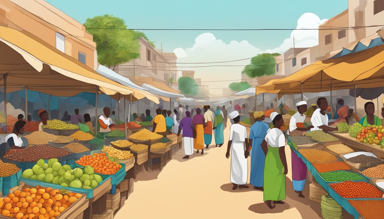 A bustling Senegalese marketplace with colorful fruits, aromatic spices, and fresh seafood on display