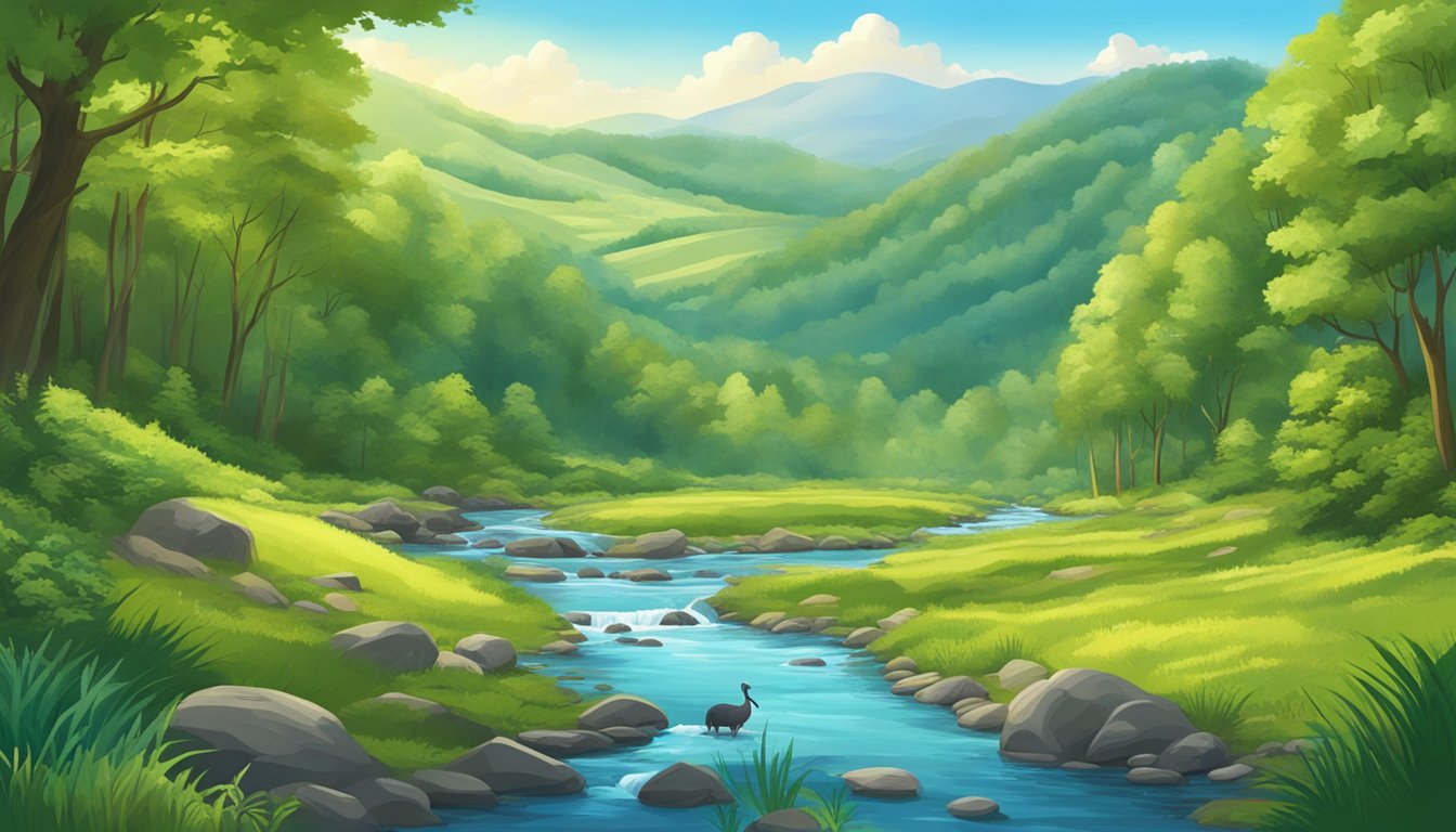 A lush forest with a clear stream, surrounded by rolling hills and abundant wildlife, under a bright blue sky