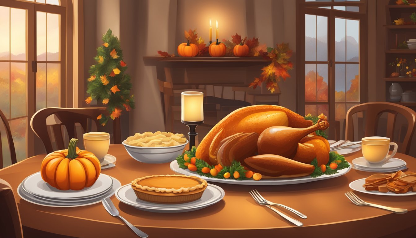 A cozy dining table set for four with a roasted turkey, side dishes, and a pumpkin pie, surrounded by autumn decorations and warm lighting