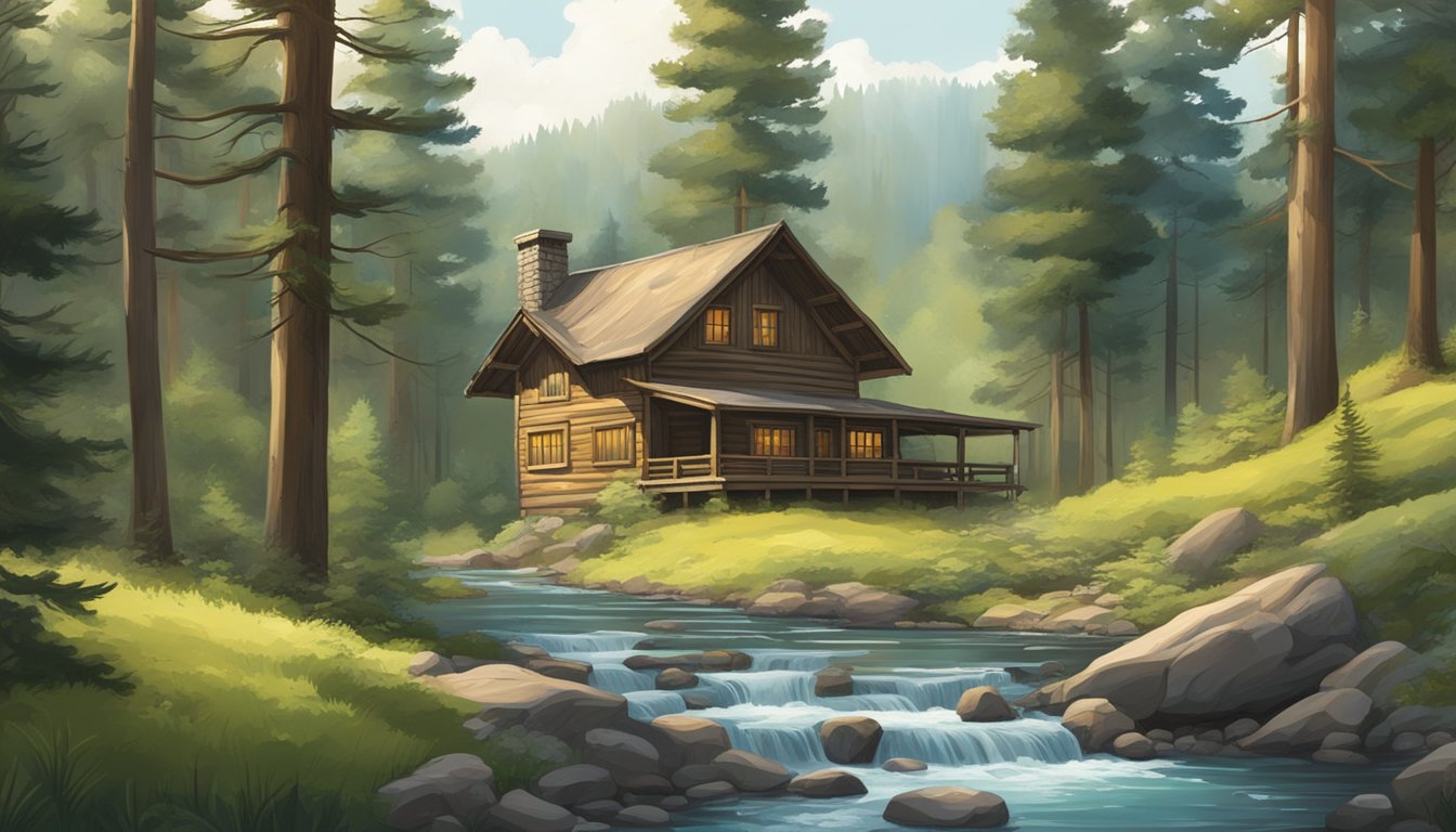 A serene forest clearing with a rustic hunting lodge nestled among tall pine trees, surrounded by lush greenery and a bubbling stream