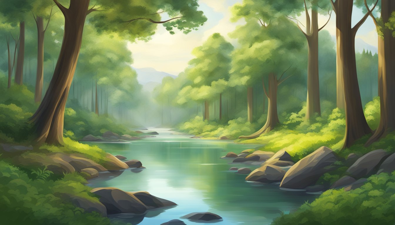 A serene forest clearing with a tranquil river, surrounded by tall trees and lush greenery