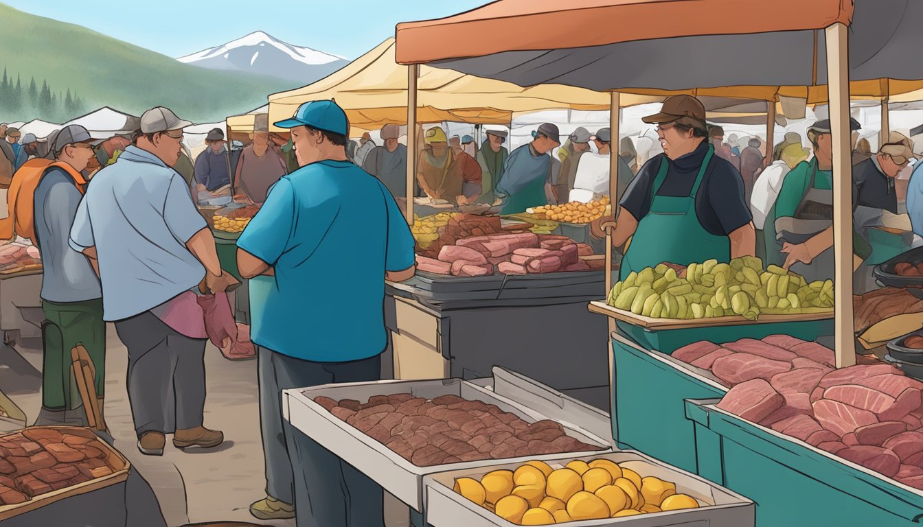 A bustling outdoor market with vendors processing game meat at Anchorage Fur Rendezvous in Alaska