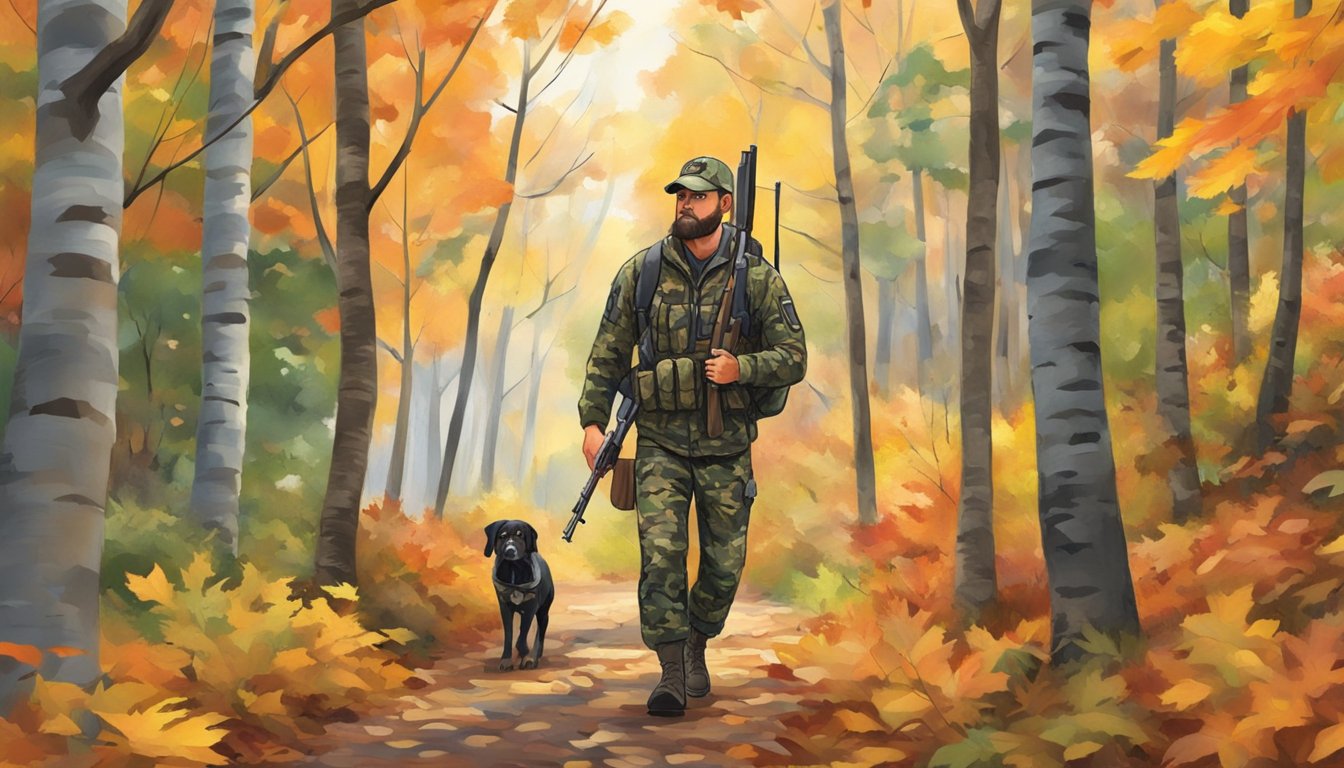 A hunter in camouflage gear, carrying a rifle, walks through a forest of colorful autumn foliage in Maine, with a guide leading the way