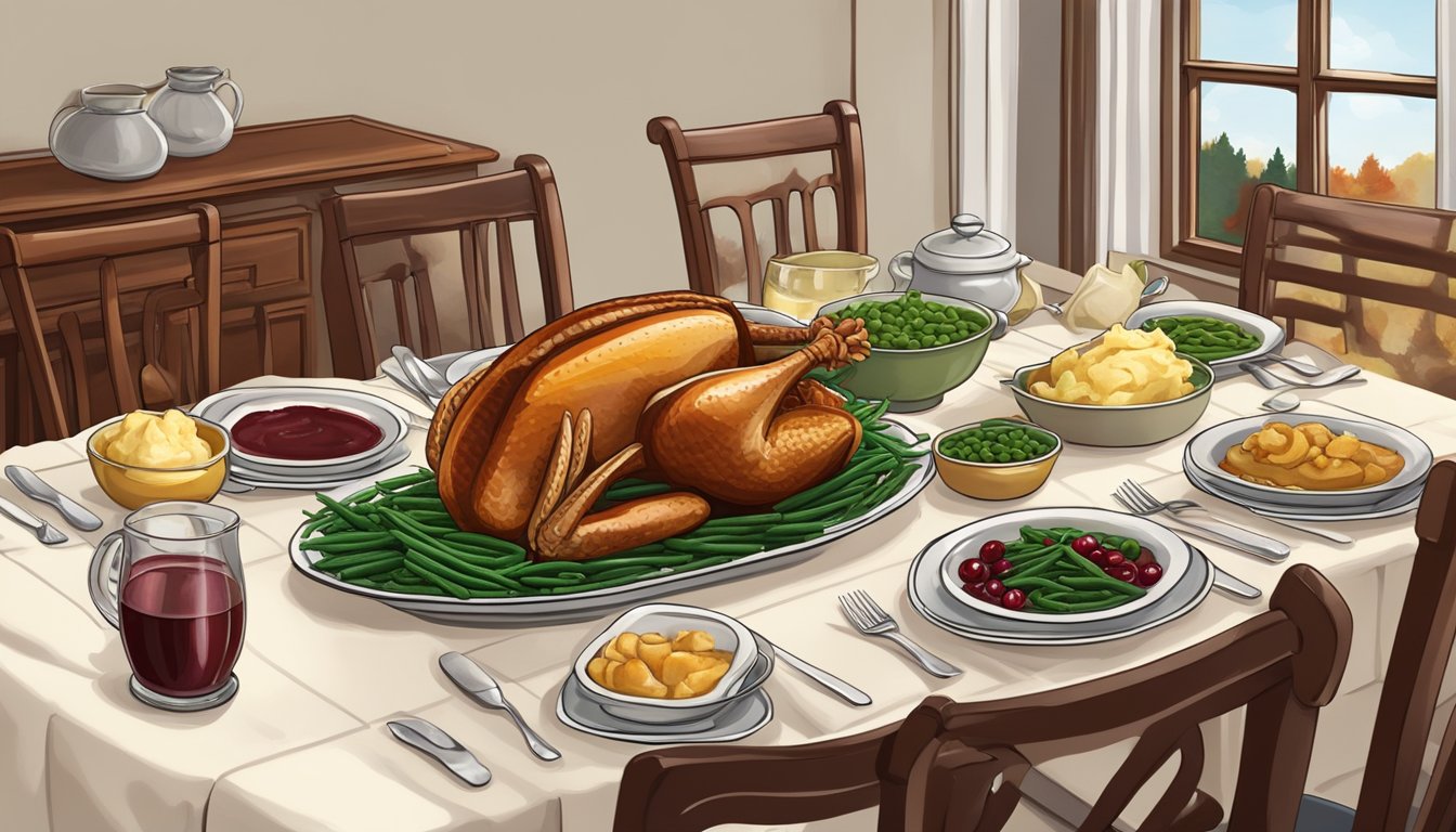 A table set with a roasted turkey, mashed potatoes, green beans, and cranberry sauce. A cozy dining area with a small family of four or two enjoying a Thanksgiving meal together