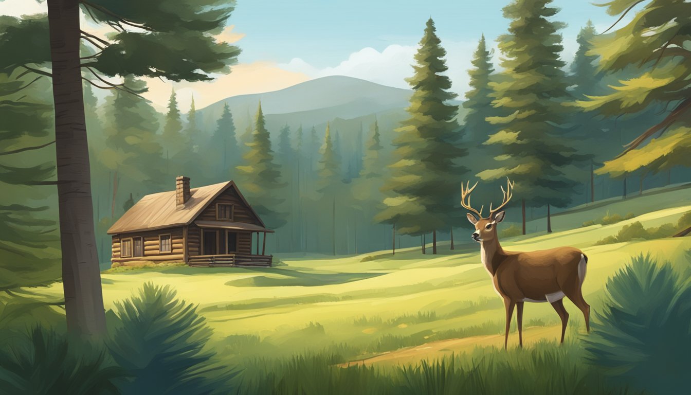 A tranquil forest clearing with a rustic cabin nestled among tall pine trees. A deer grazing peacefully in the foreground, surrounded by lush greenery