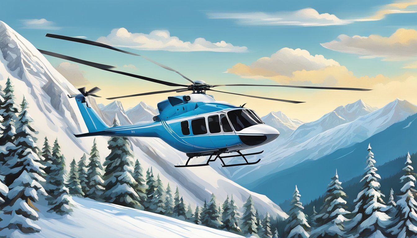 A helicopter hovers over snow-capped mountains as skiers descend down steep slopes, surrounded by pristine wilderness