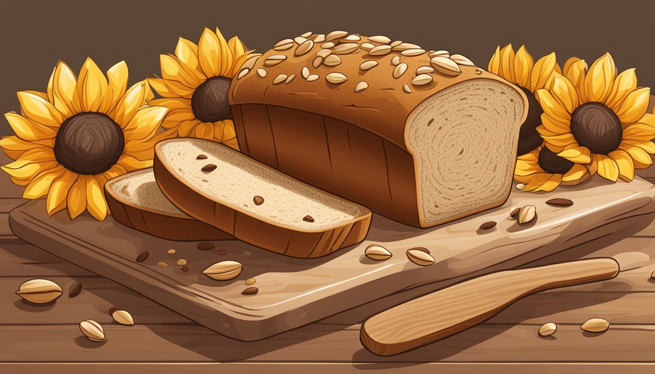 A loaf of sunflower seed and cinnamon bread on a wooden cutting board, surrounded by scattered sunflower seeds and a sprinkle of cinnamon