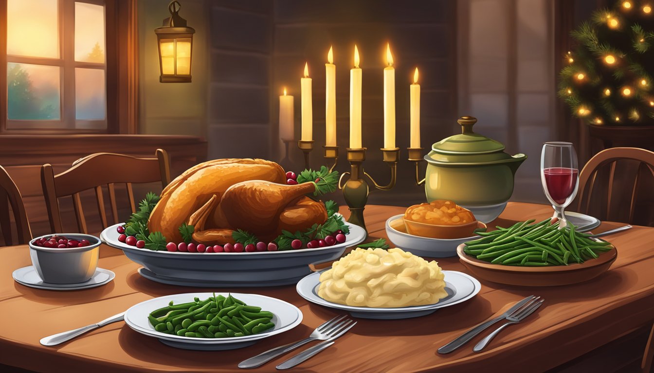 A cozy dining table set with a small turkey, mashed potatoes, green beans, and cranberry sauce, surrounded by warm candlelight