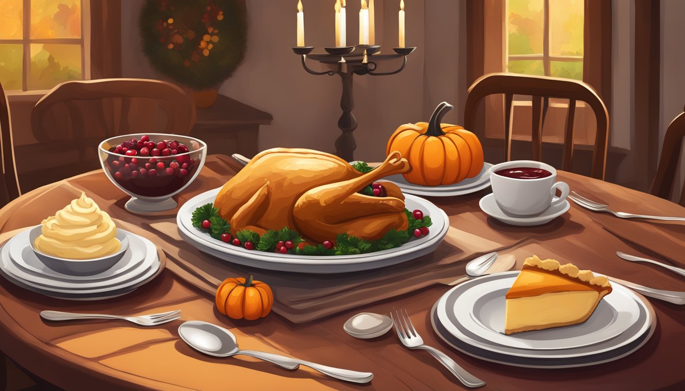 A cozy dining table set with a small turkey, mashed potatoes, cranberry sauce, and pumpkin pie. A warm, inviting atmosphere with fall decorations