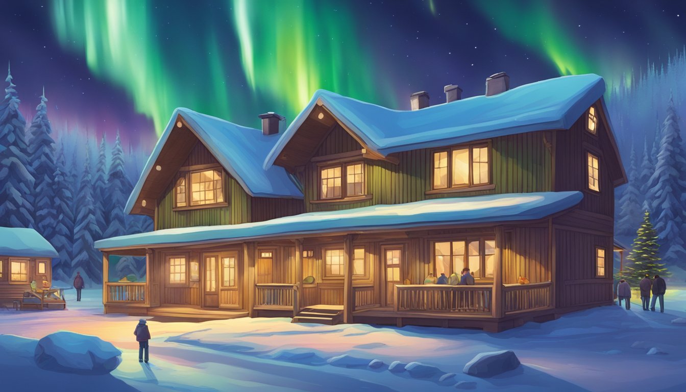 A cozy lodge at Chena Hot Springs with colorful Northern Lights dancing in the sky above, while a group of tourists enjoy a game processing demonstration in Alaska