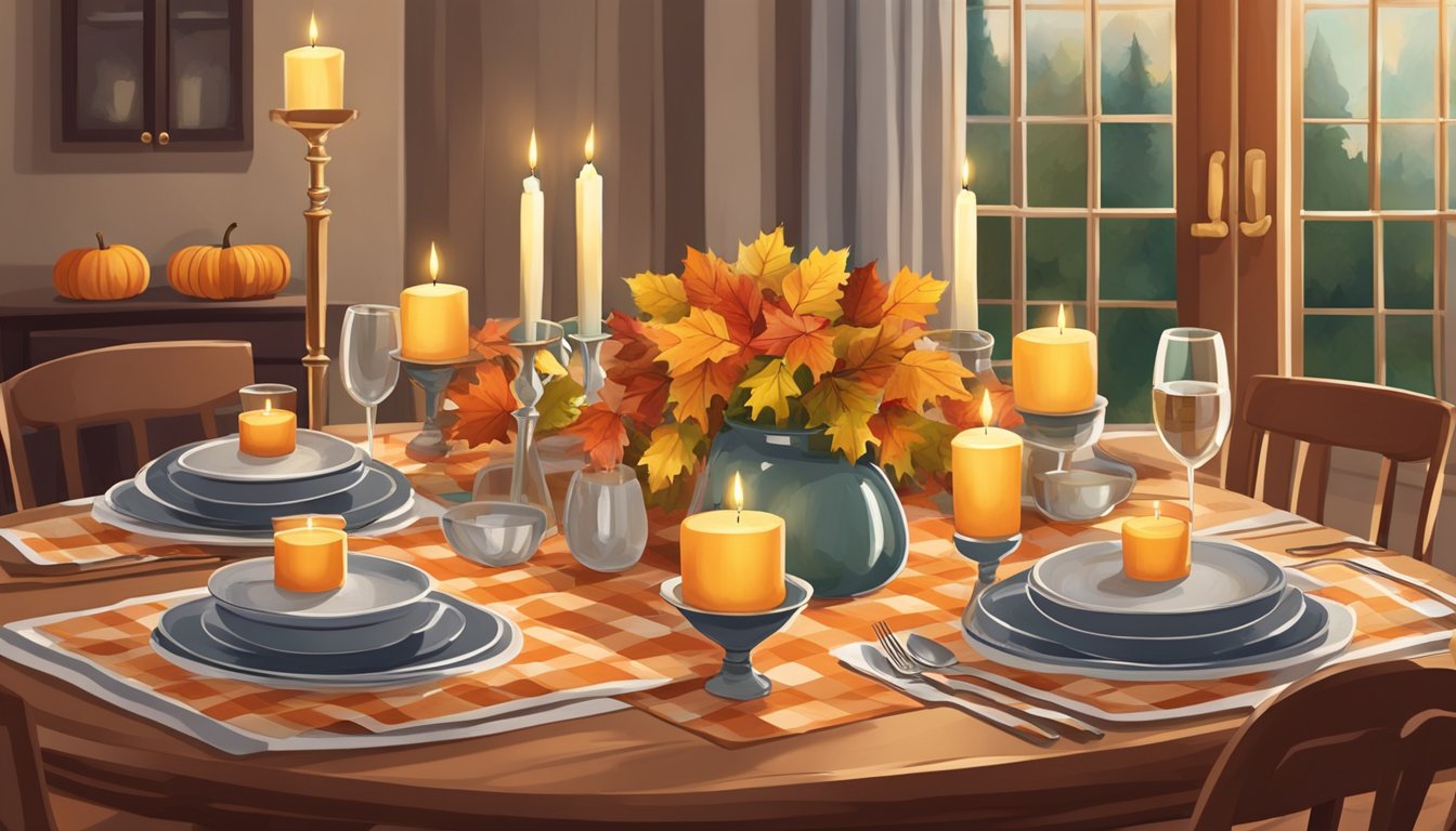 A wooden table set with a checkered tablecloth, adorned with candles, autumn leaves, and a small vase of flowers. Plates, silverware, and wine glasses are neatly arranged for a cozy family dinner