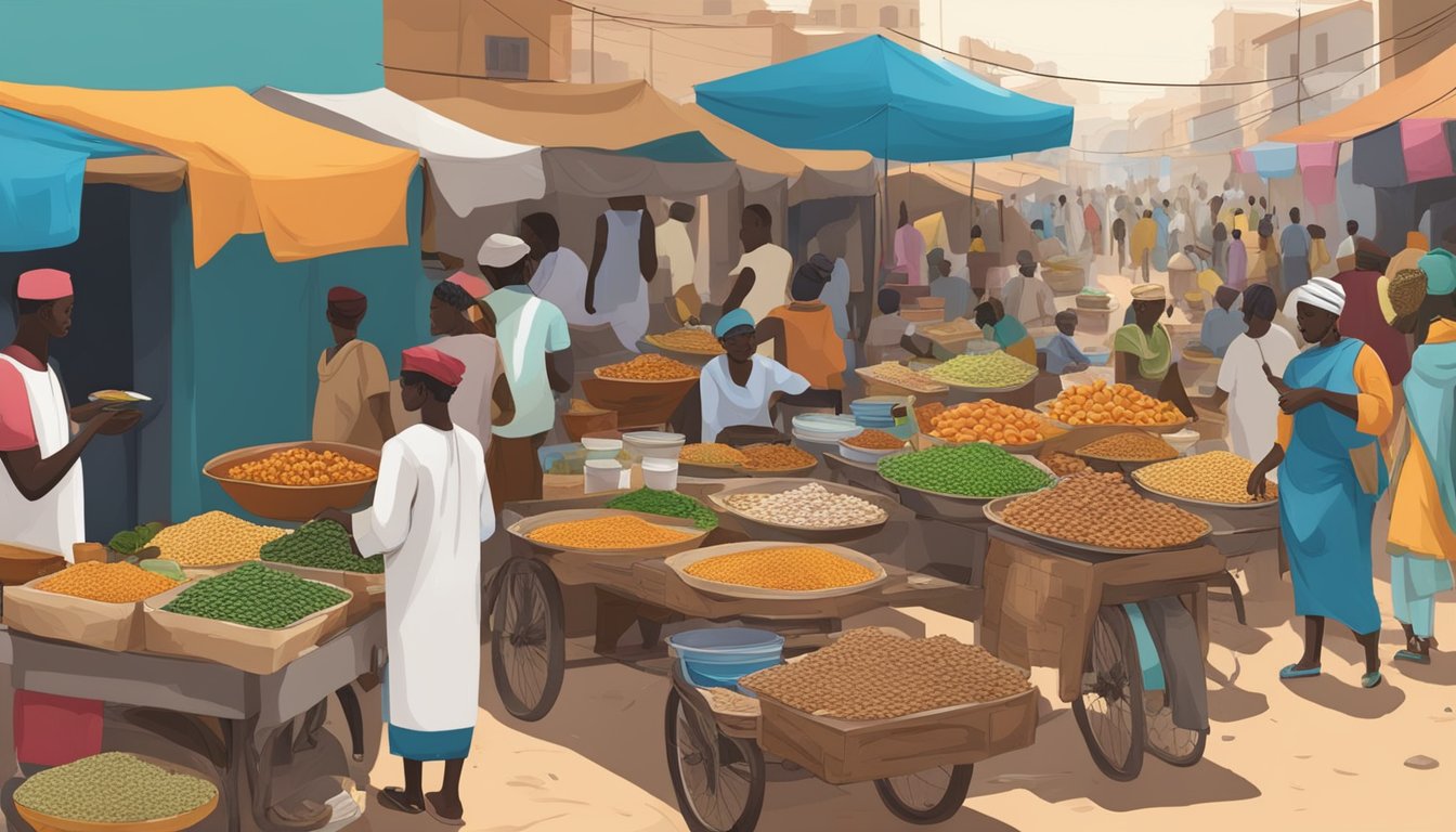 A busy Senegalese street market with colorful food stalls and people enjoying a variety of traditional snacks and dishes