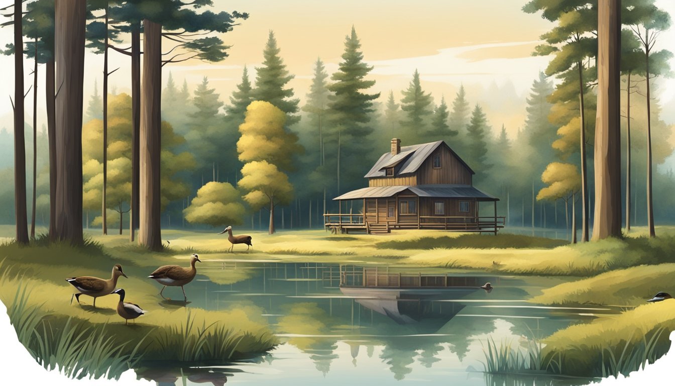 A serene forest clearing with a rustic hunting lodge, surrounded by tall trees and a small pond. A group of ducks and deer roam freely in the peaceful setting