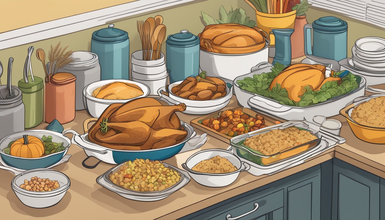 A neatly organized kitchen counter with labeled containers of leftover Thanksgiving food, surrounded by colorful dishware and utensils