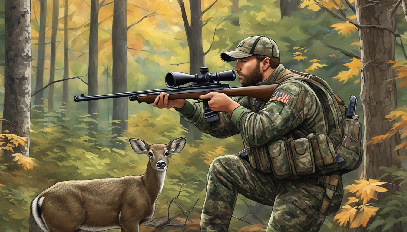 A hunter in camouflage gear aims a rifle at a deer in the forest at Double JJ Resort, Michigan