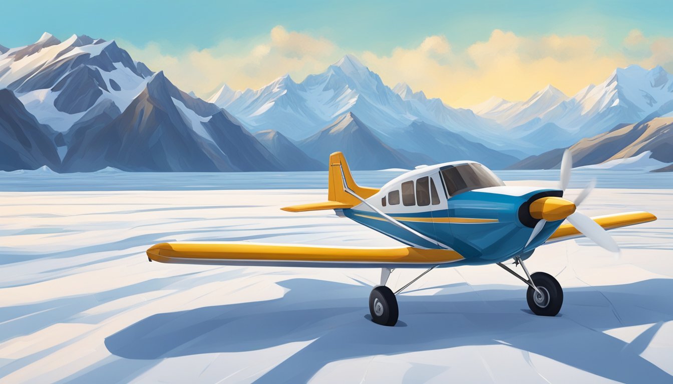 A small plane lands on a vast glacier in Alaska, surrounded by snow-capped mountains and a clear blue sky