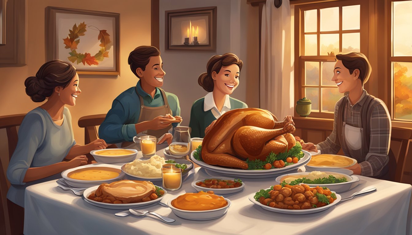 A warm, candlelit table set for four with a roasted turkey, mashed potatoes, and pumpkin pie. Family members gather around, smiling and enjoying the intimate meal