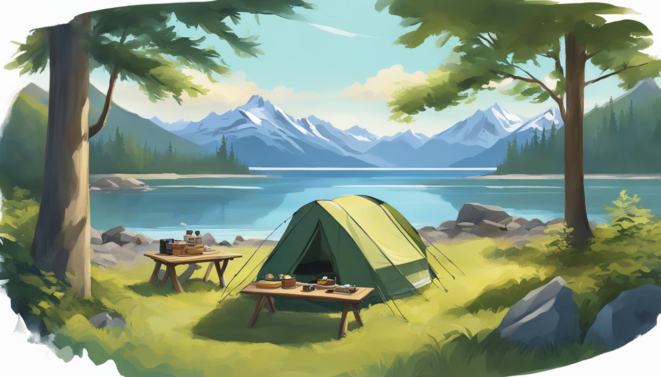 A serene campsite in Kachemak Bay State Park, with a backdrop of majestic mountains and a clear, calm bay. A table is set up for game processing, surrounded by lush greenery