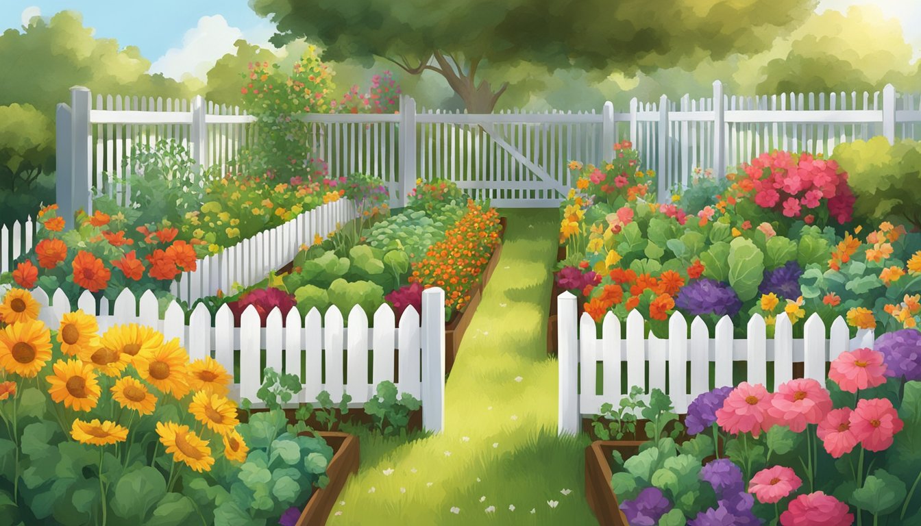 A sunny backyard with raised garden beds filled with vibrant vegetables and colorful flowers, surrounded by a white picket fence