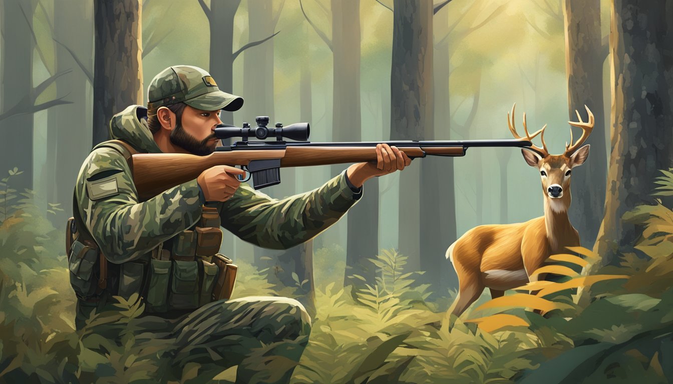 A hunter in camouflage gear aiming a rifle at a deer in a forest clearing