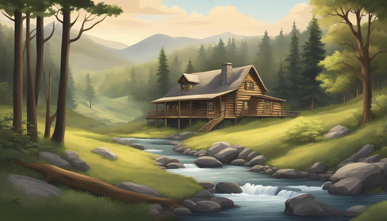 A serene woodland scene with a rustic hunting lodge nestled among rolling hills and dense forest, with a stream winding through the landscape