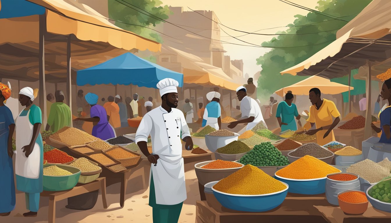 A bustling Senegalese market with colorful spices, fresh produce, and traditional ingredients. A chef expertly prepares a flavorful dish, surrounded by the vibrant sights and sounds of Senegal