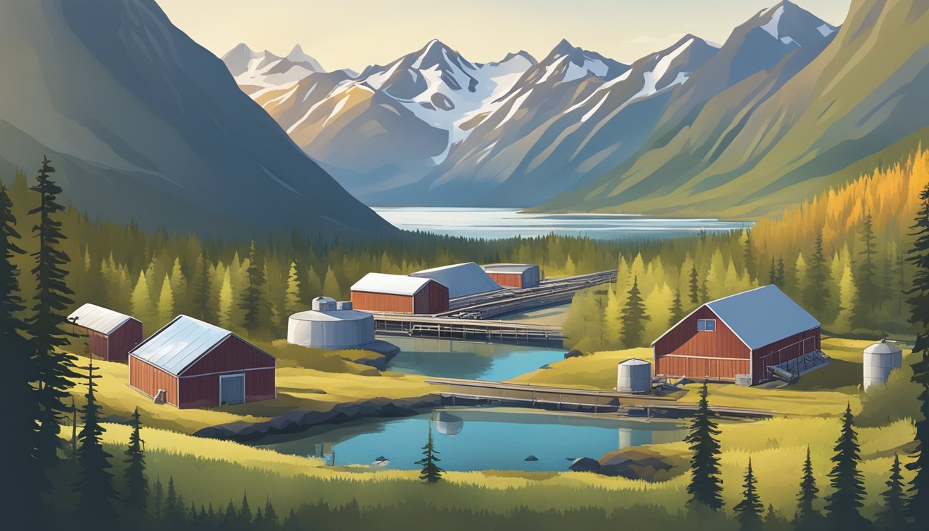 A serene Alaskan landscape with a processing facility surrounded by mountains and wildlife