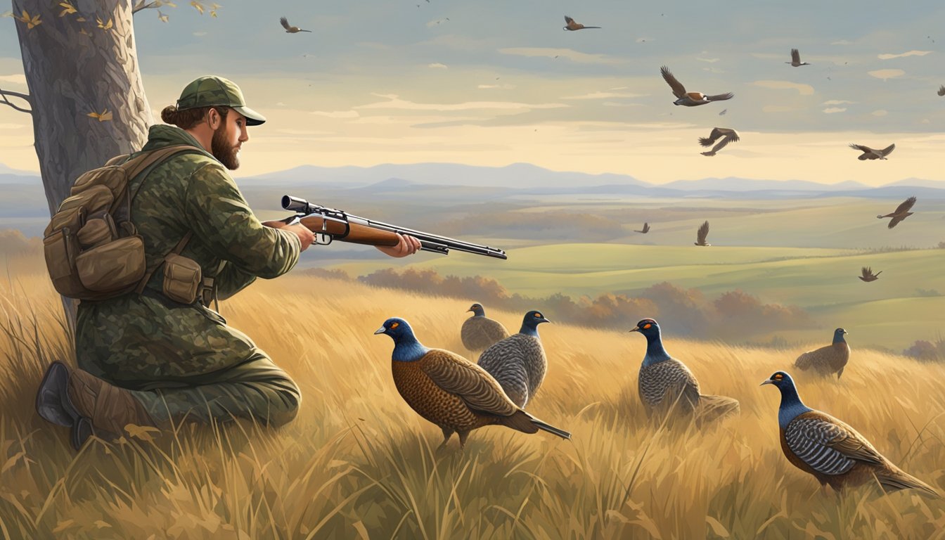 A hunter in camouflage gear crouches behind a tree, aiming a shotgun at a flock of pheasants in a grassy upland field