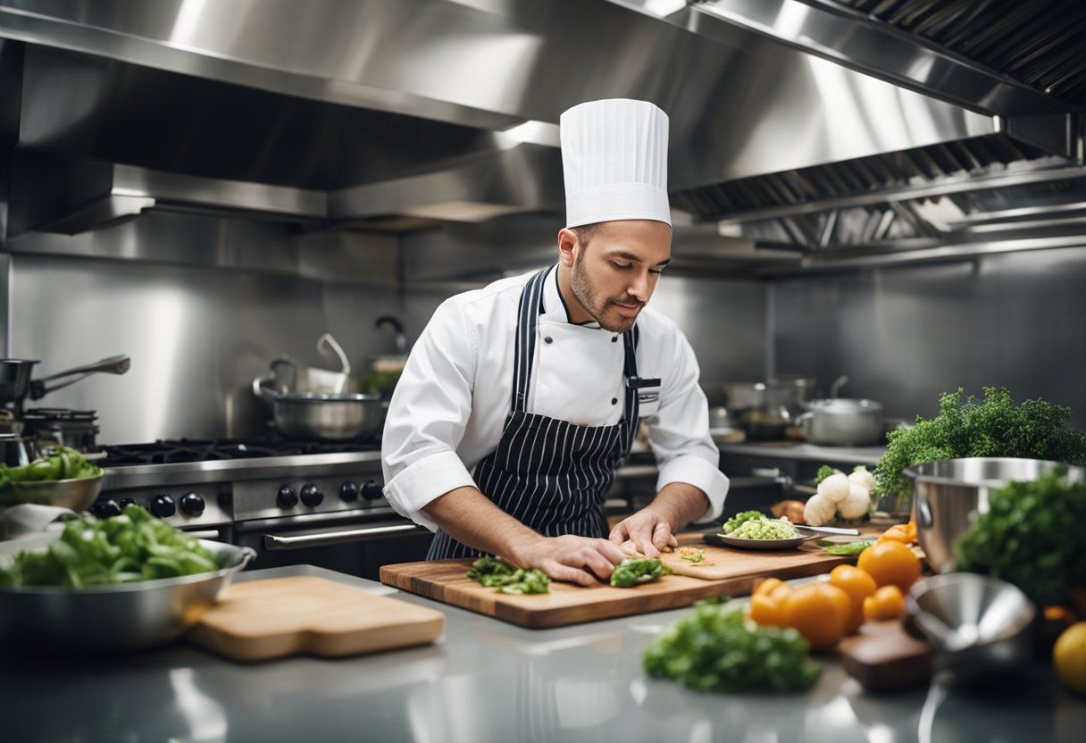 Um chef realiza várias tarefas ao mesmo tempo, executando perfeitamente diversas técnicas de culinária enquanto mantém uma cozinha limpa e organizada.