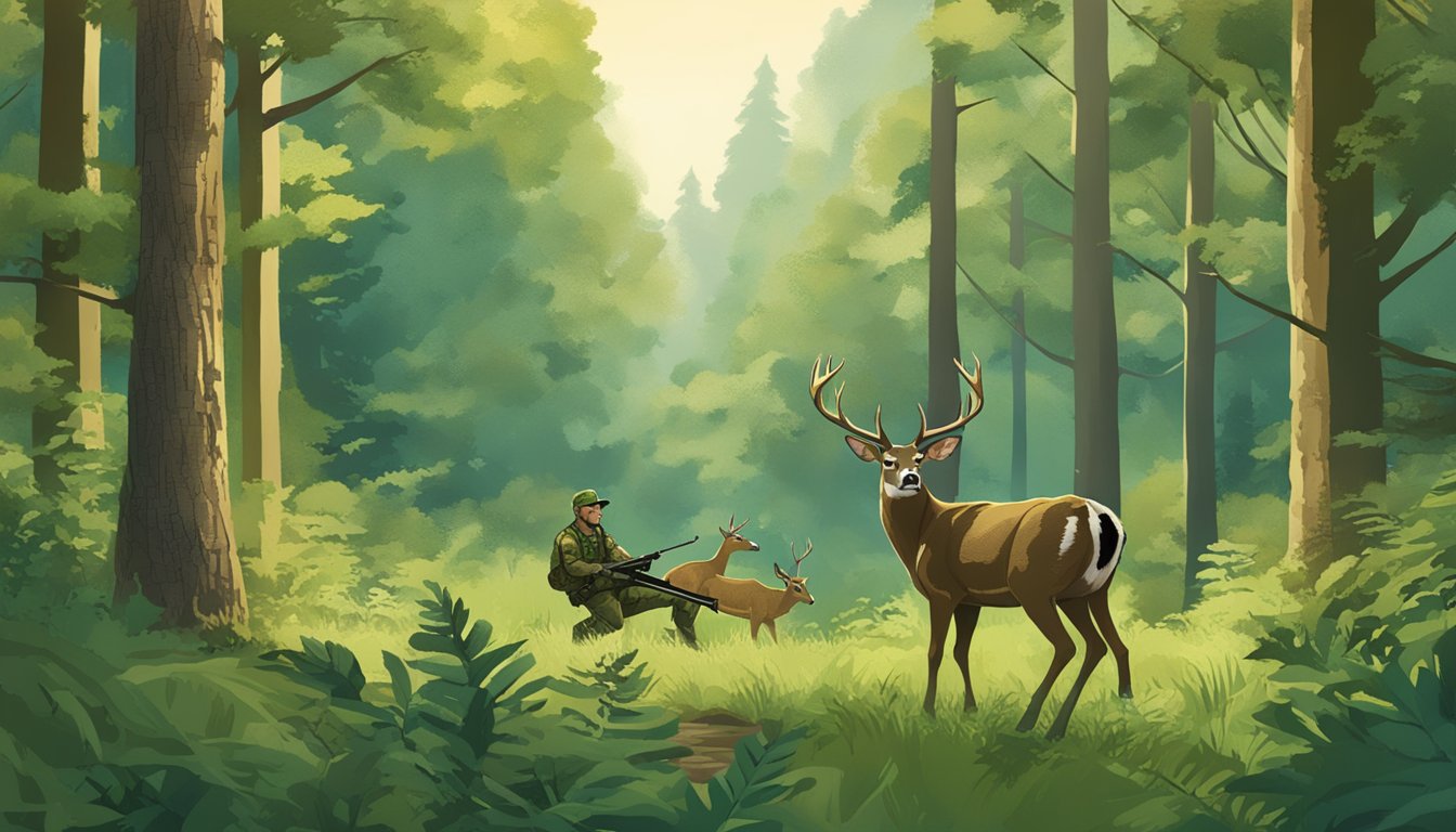 A hunter in camouflage gear aiming a rifle at a deer in a lush forest clearing with the "Garden State Hunting Adventures" logo displayed prominently