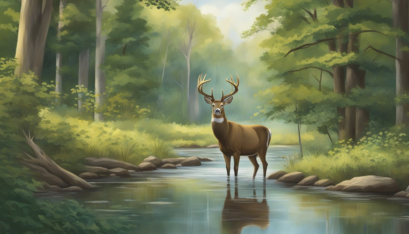 A serene woodland clearing at Whitetail Dreams Ranch, Michigan. A majestic buck stands alert, surrounded by lush foliage and a tranquil creek